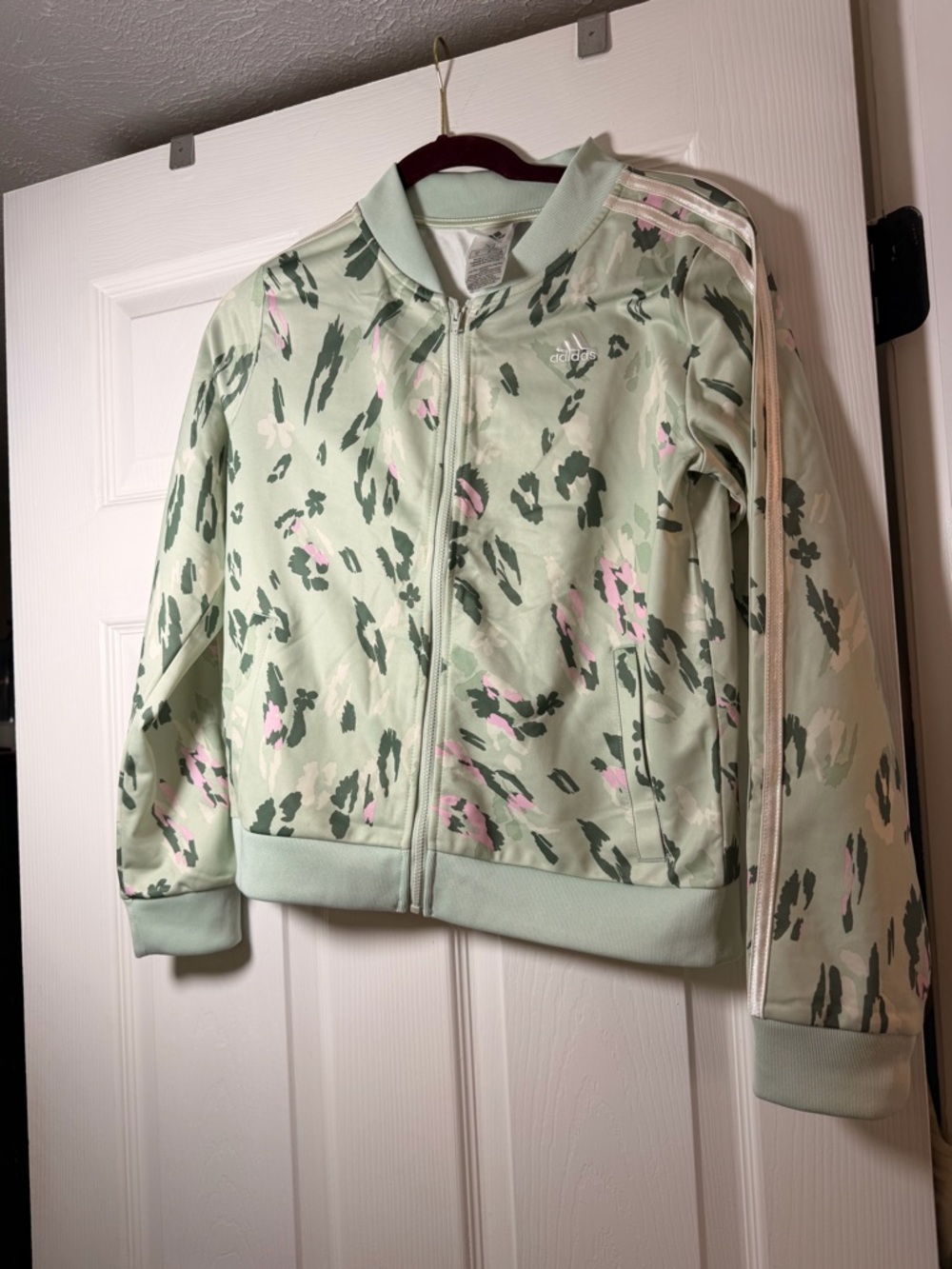 adidas Light Green Camo Track Jacket for girls with Pink Accents